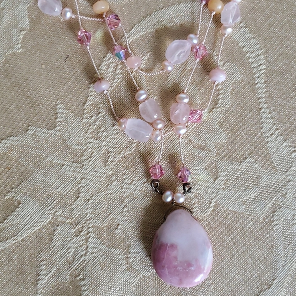 Handmade Rose-quartz Tri-tier Necklace 925 - Picture 3 of 14